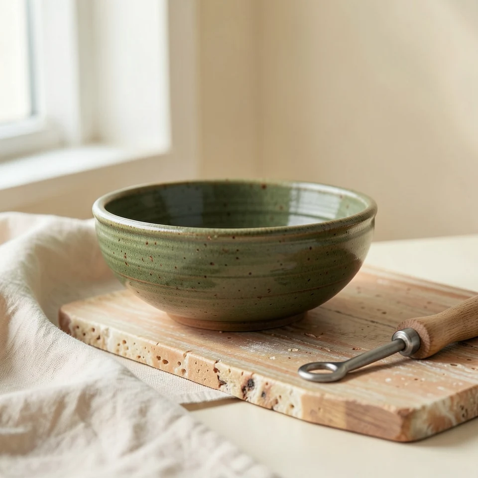 Illustrated hand-thrown pottery with glaze test tiles on a workbench