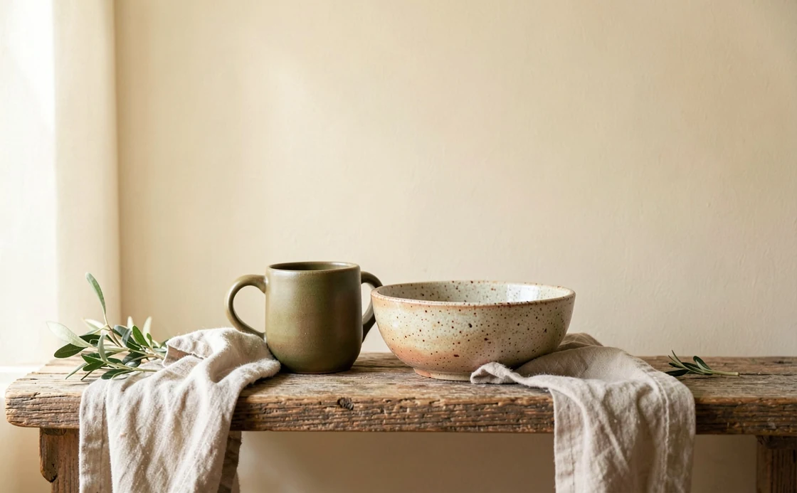 Illustrated ceramic mugs and bowls on a studio shelf in warm light