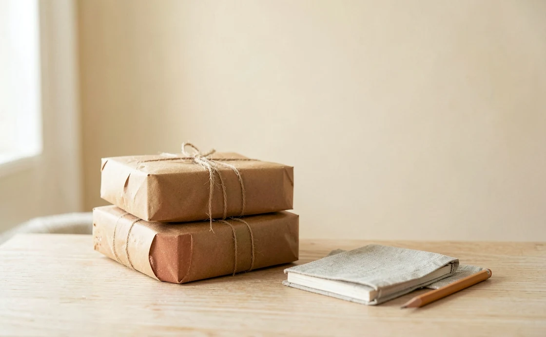 Handmade goods packed for shipping on a workshop table