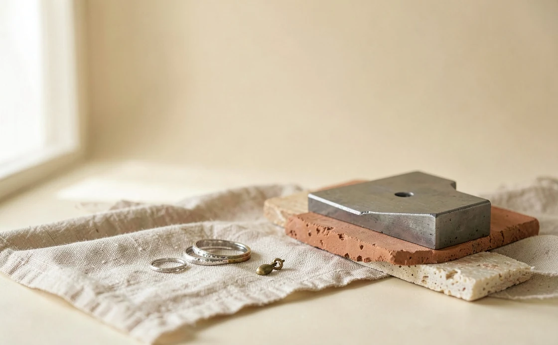 Illustrated handmade silver rings and earrings on linen beside small jewelry tools
