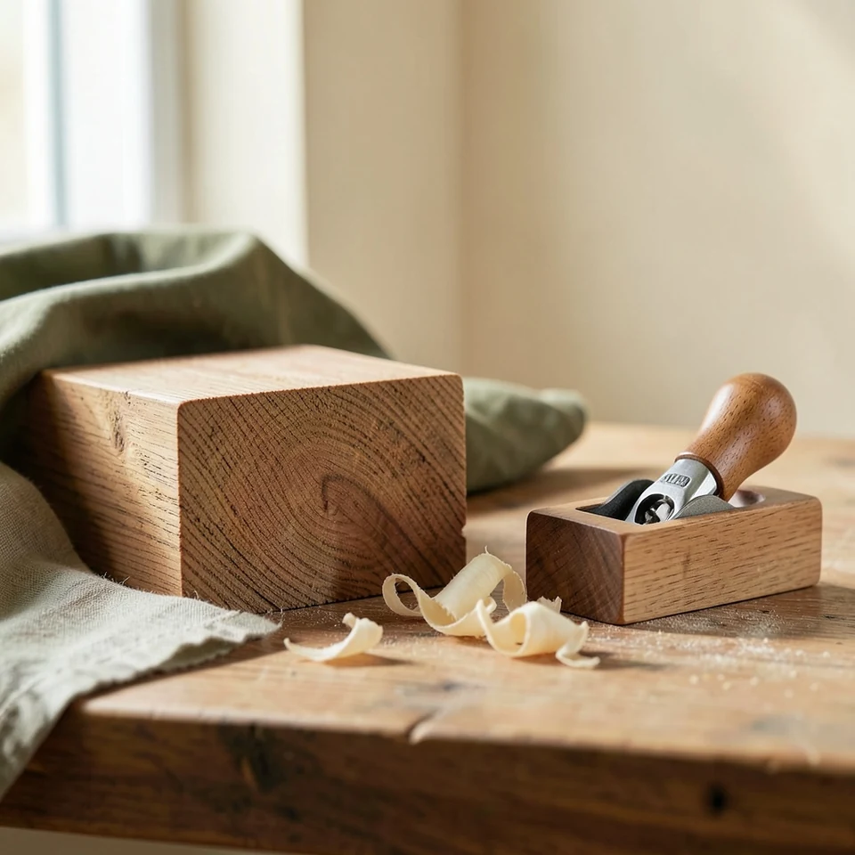 Illustrated woodworking bench with hand planes, chisels and a board in progress