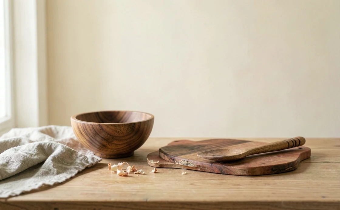 Illustrated walnut cutting boards and a wooden bowl in a sunlit workshop