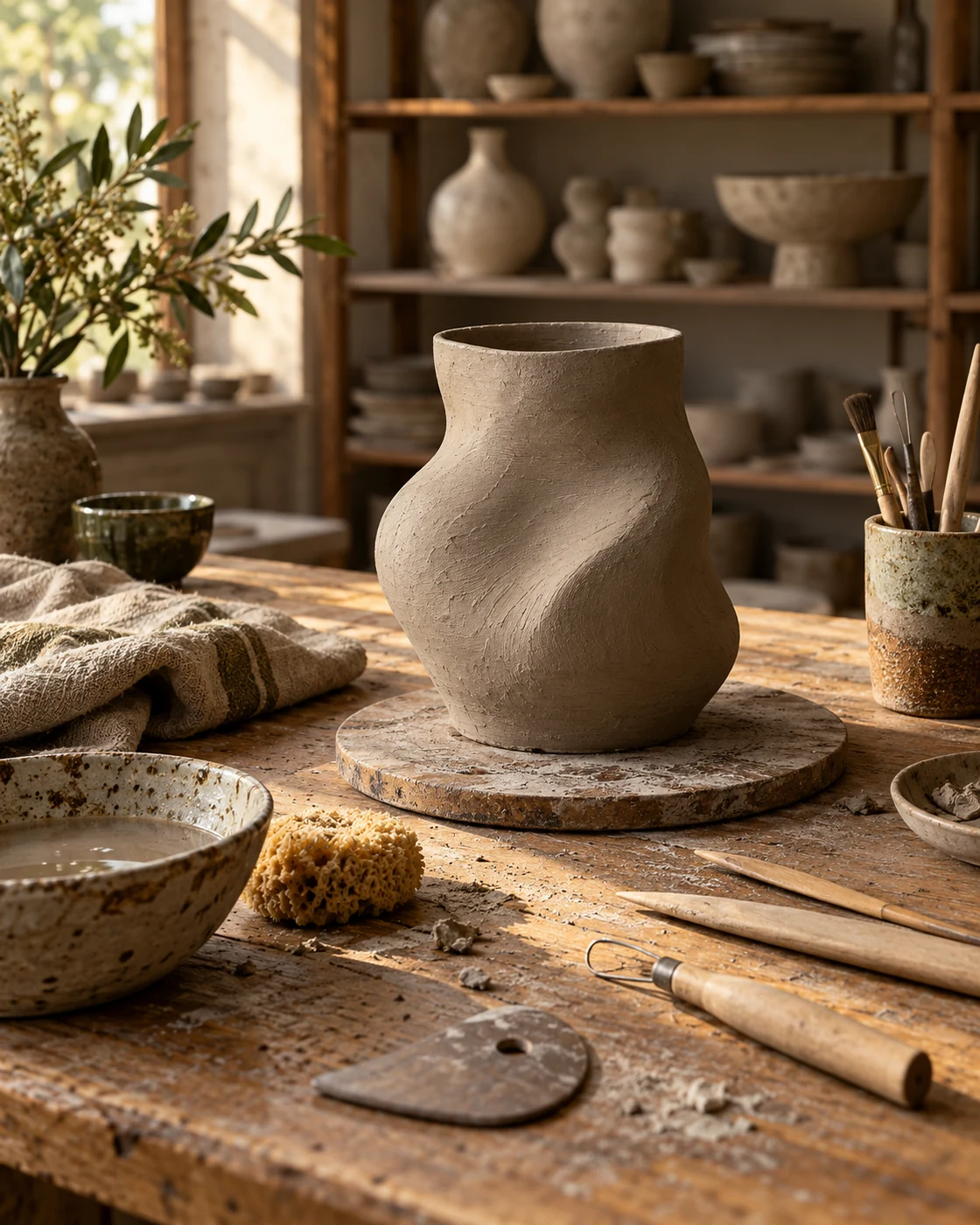 Illustrated clay vessel and pottery tools on a sunlit studio workbench