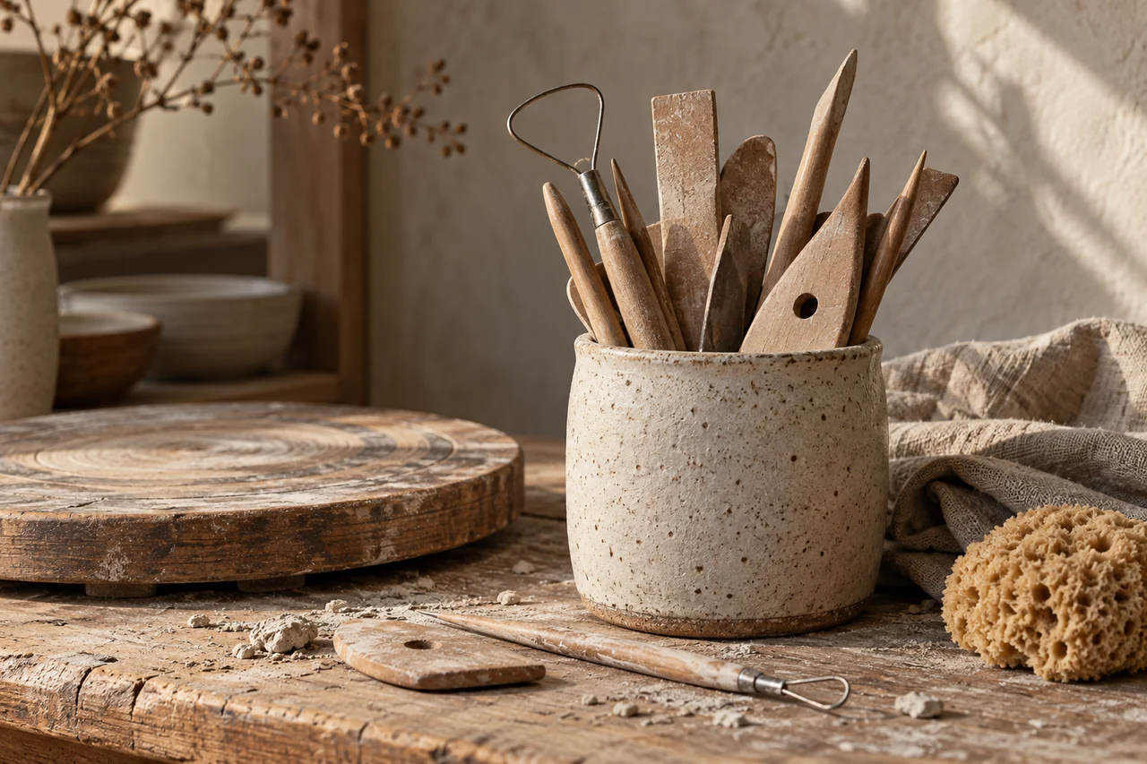 Illustrated pottery tools and linen on a wooden studio table
